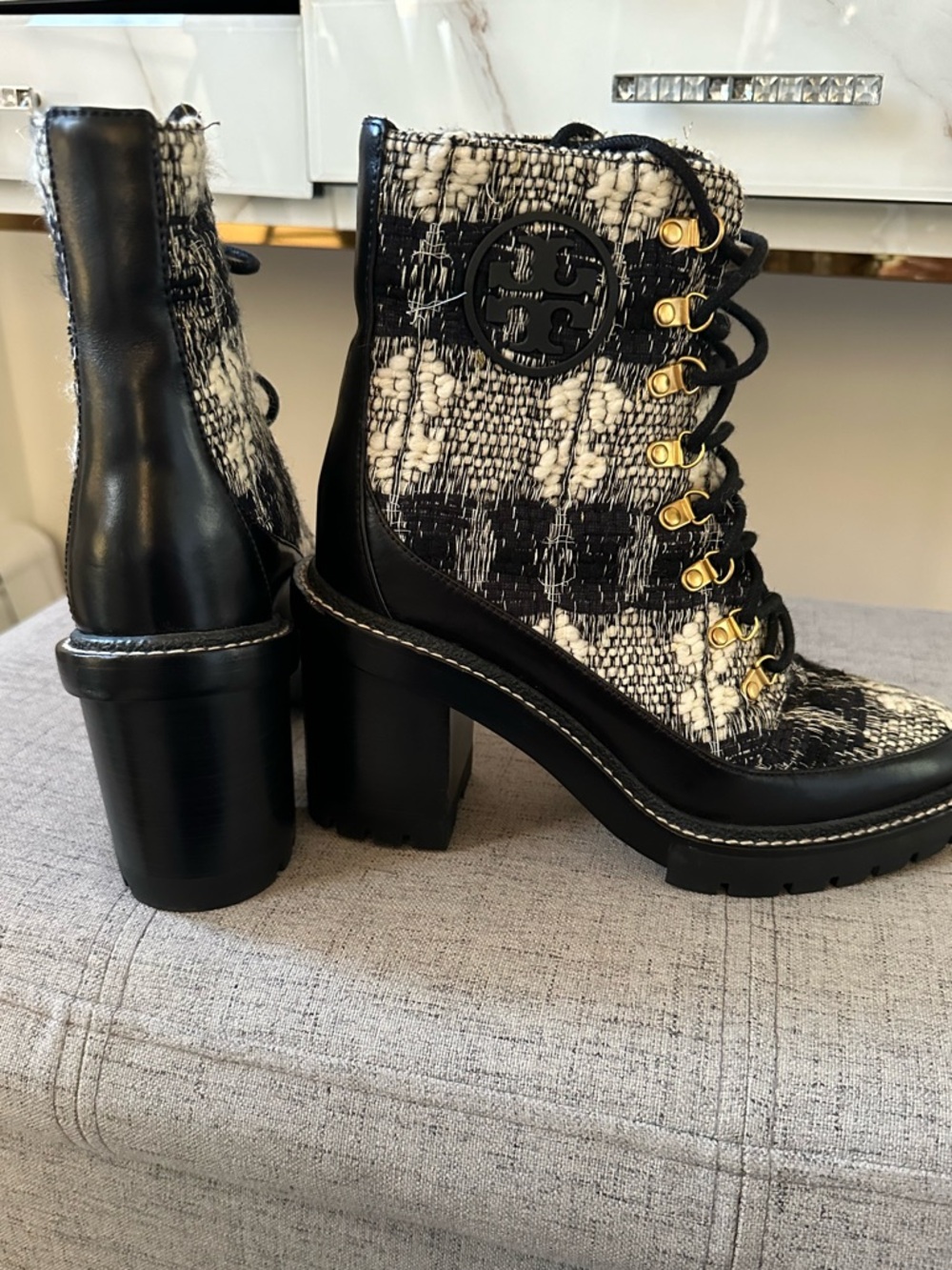 Tory Burch Black & White Tweed Lace-Up Block Heel Boots